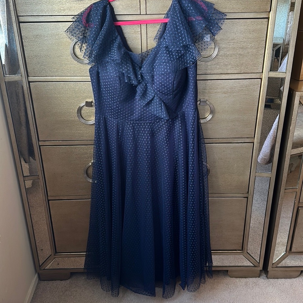 🛍️SALE🛍️ Venvienna Polka Dot Navy Blue Lace Midi Dress with Ruffles Details - Picture 5 of 11